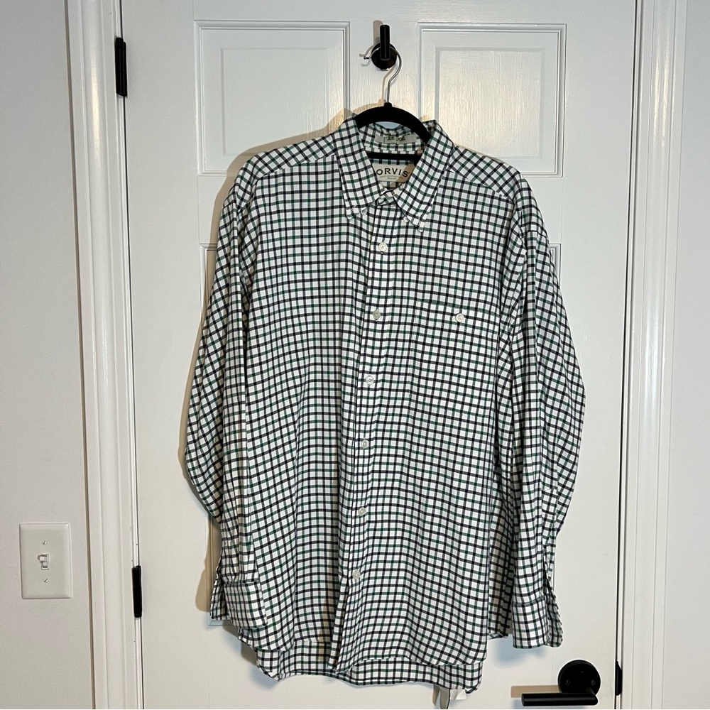 Orvis | Men’s Checked Button Down Shirt, White with Blue and Green - EUC